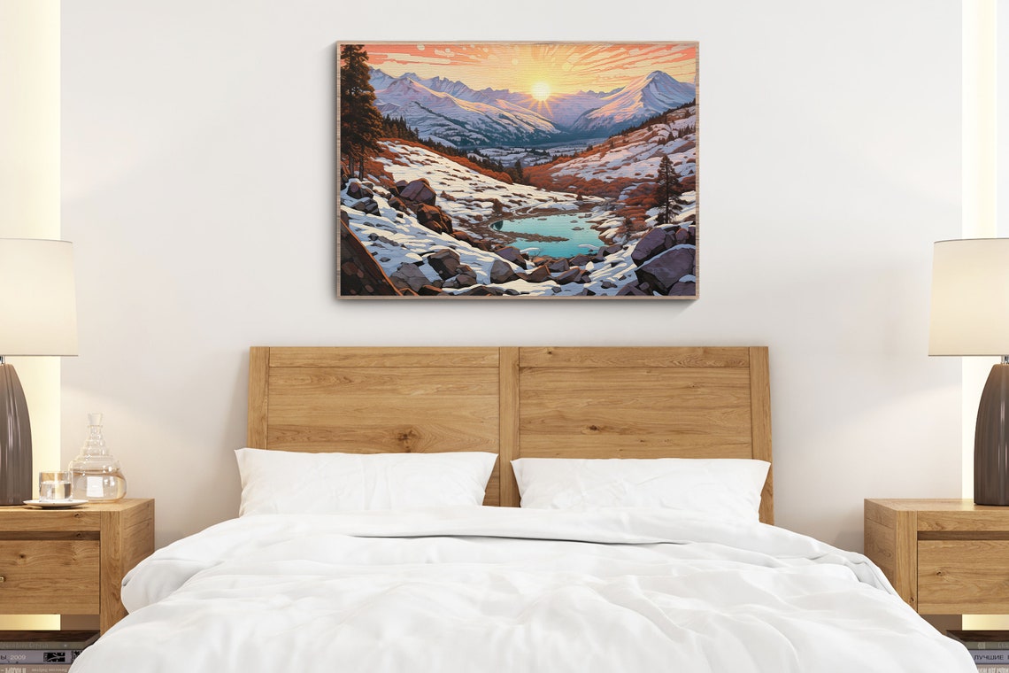 Winter Mountain Sunset Alpine Lake Snowy Peaks Landscape Wall Art - Image 2