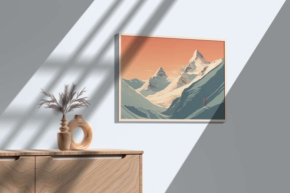 Minimalist Alpine Peaks Orange Sunset Mountain Skiing Poster - Image 3