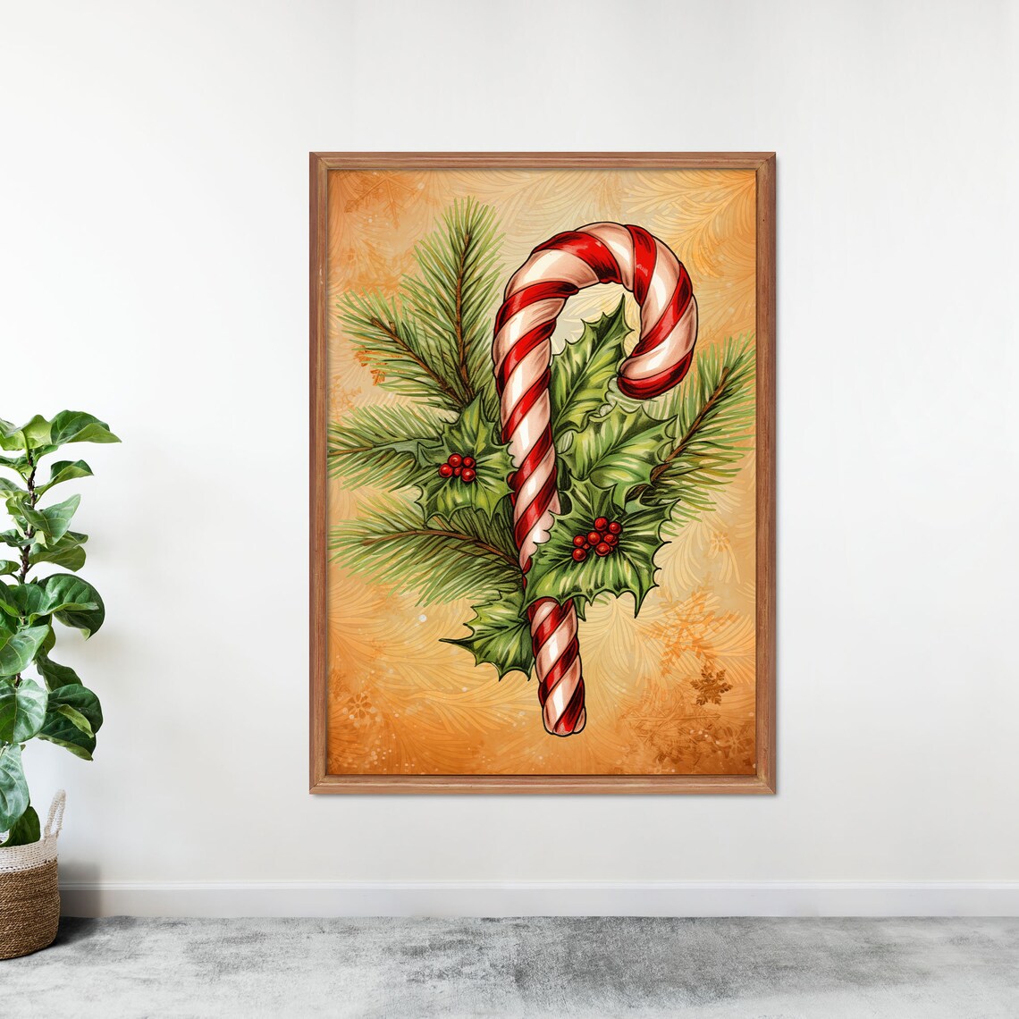 Vintage Candy Cane With Holly Berries Golden Christmas Nostalgic Wall Art - Image 3