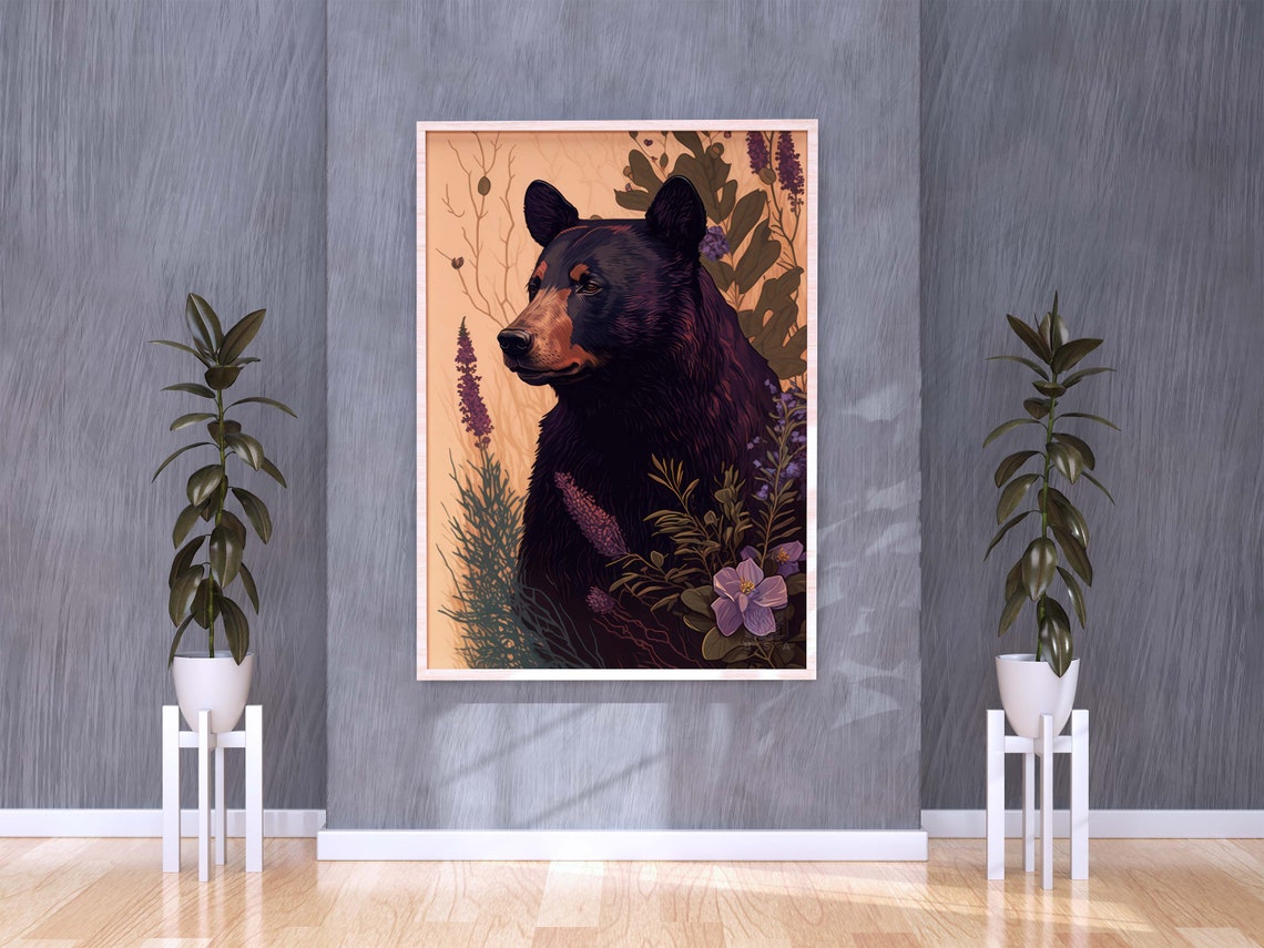 Black Bear Standing Among Lavender Wildflowers Cabin Art Poster - Image 4