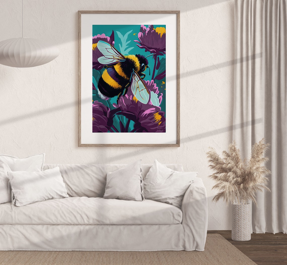 Bumblebee With Purple Flowers Bold Teal Botanical Art Poster - Image 2