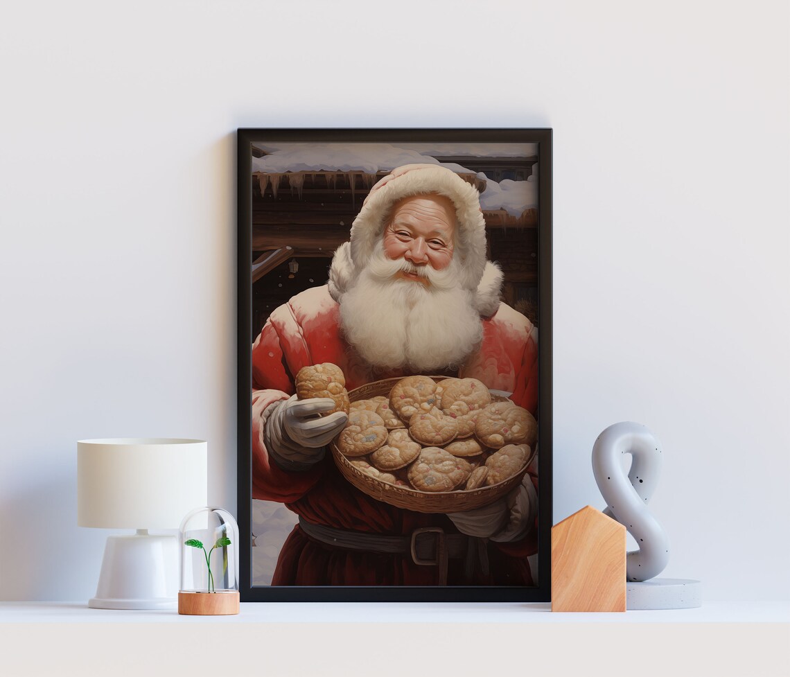 Santa Claus With Basket Of Cookies Christmas Eve Vintage Scene Wall Art