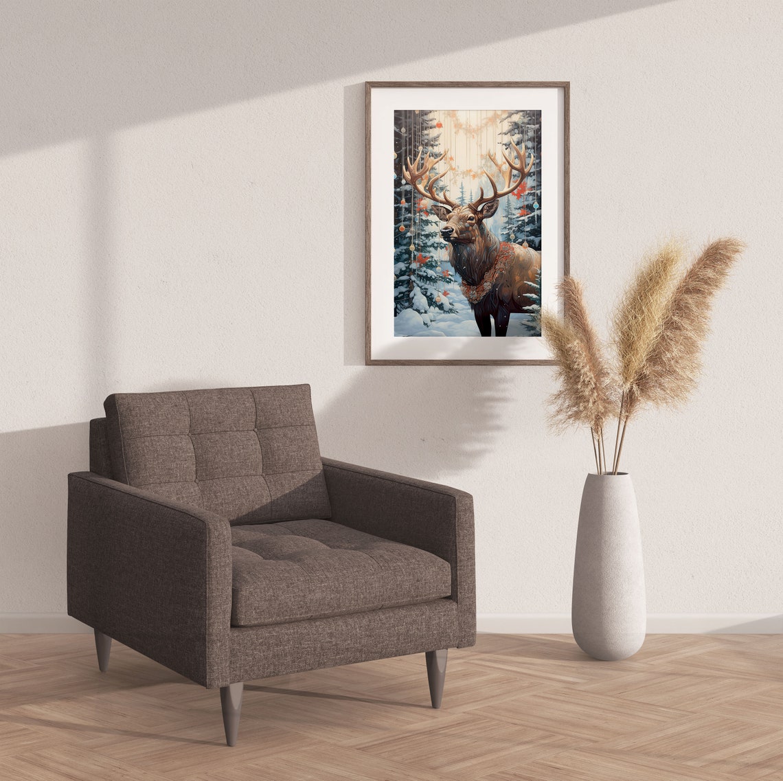 Majestic Elk Stag Snowy Pine Forest Winter Wildlife Scene Wall Art - Image 2