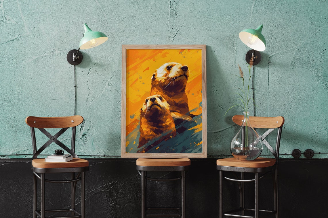 Sea Otter Pair Golden Orange Sunset Modern Ocean Wildlife Poster - Image 3