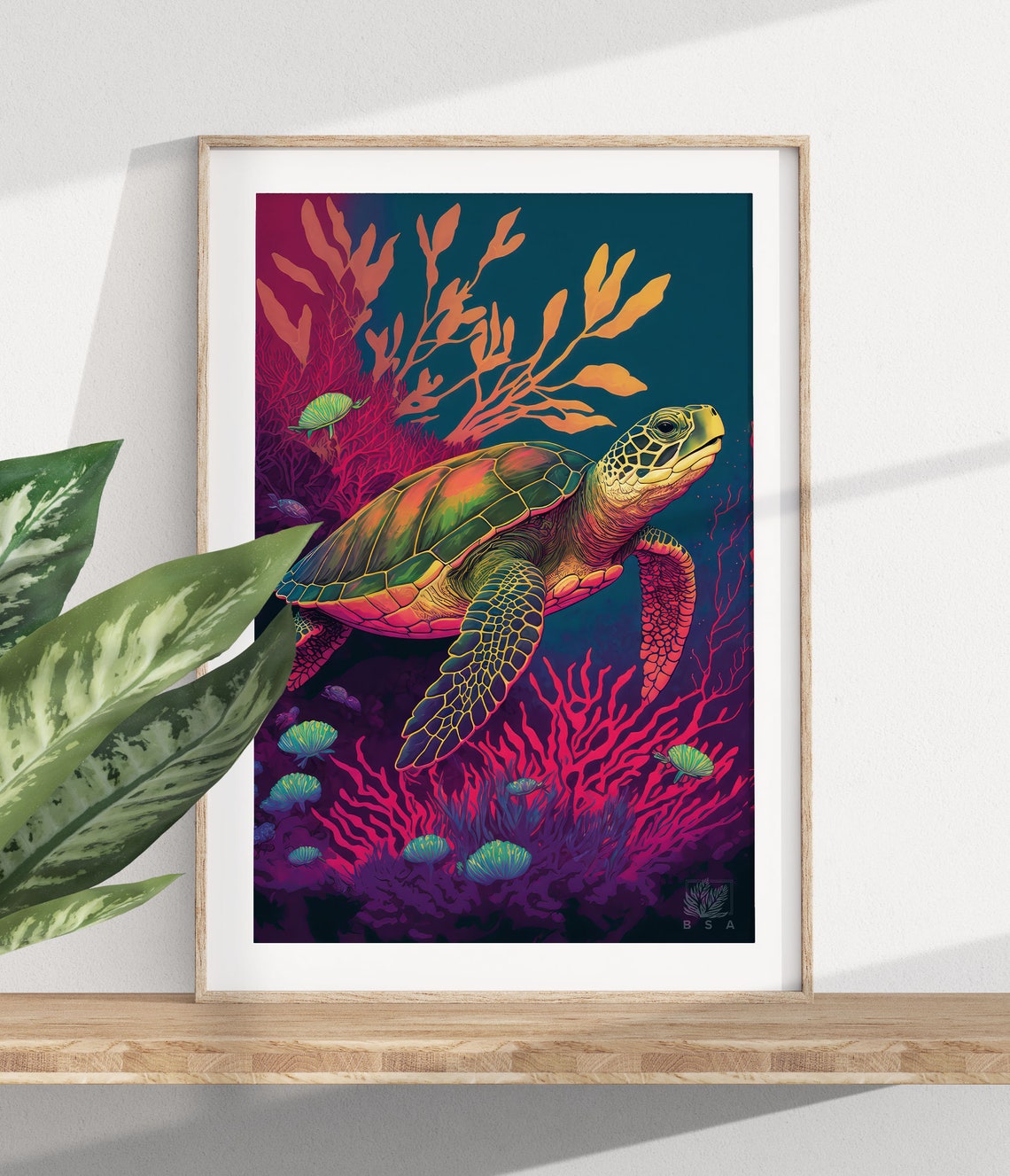 Green Sea Turtle Over Bright Neon Coral Reef Scene Art Poster - Image 2