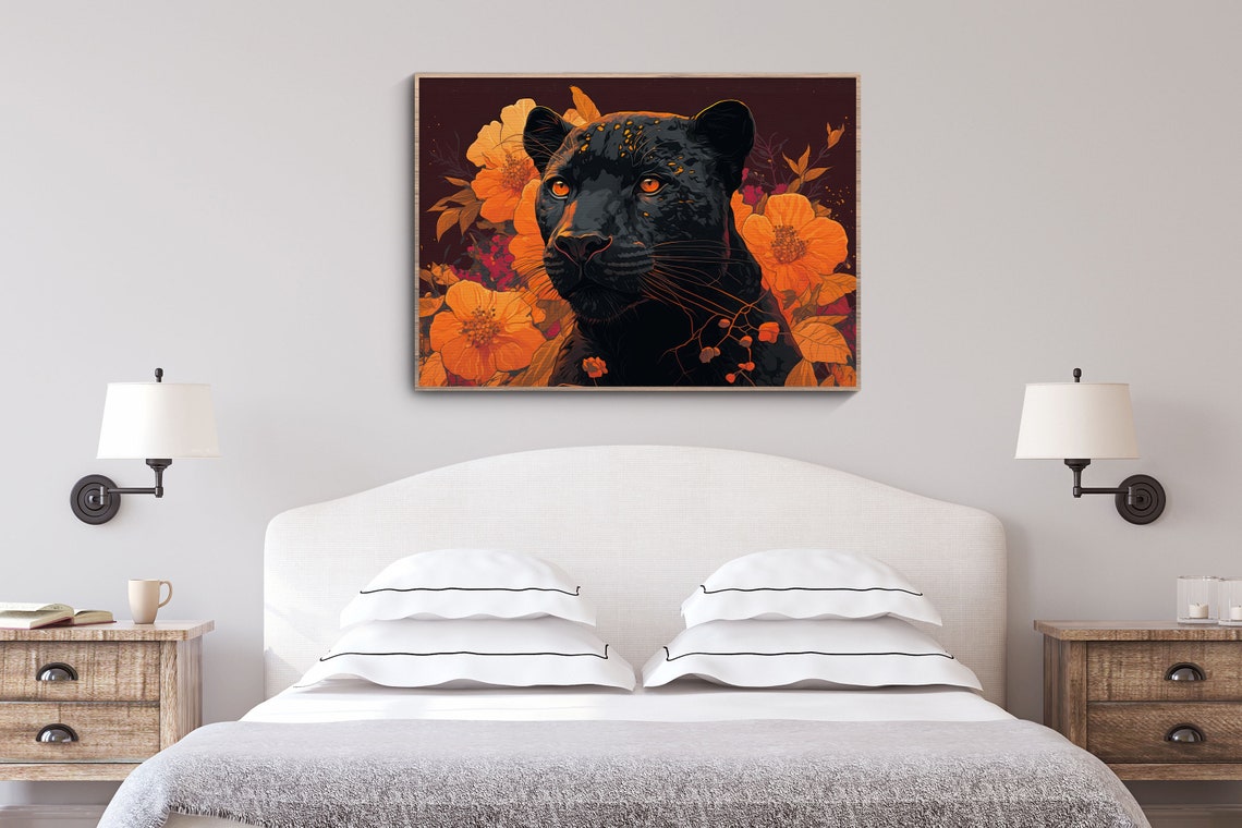 Black Panther Orange Blossoms Dark Botanical Wildlife Poster - Image 2