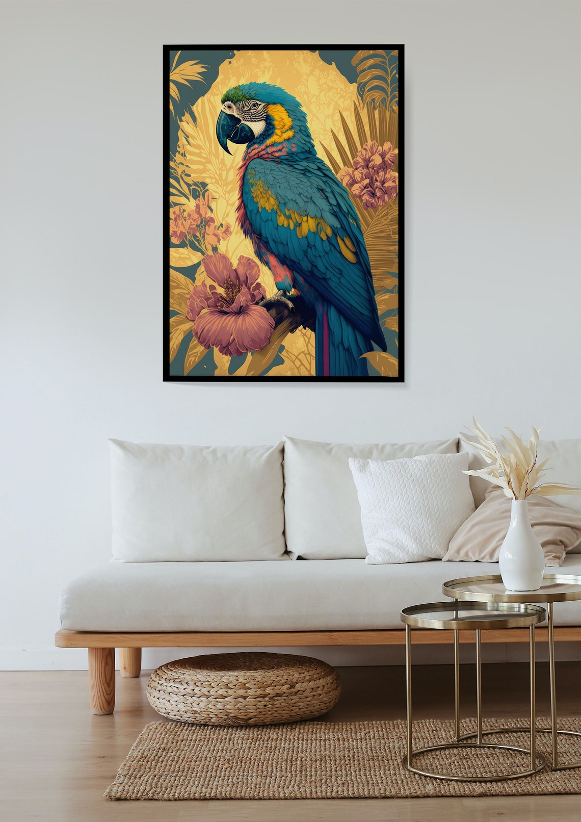 Blue And Yellow Macaw Poster Tropical Hibiscus Flowers Gold Decor - Image 2