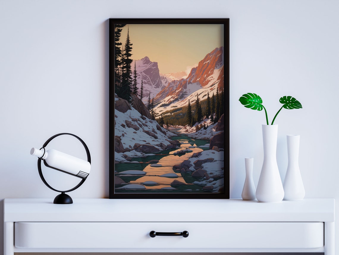 Retro Mountain River Sunset Golden Reflection Snowy Valley Wall Art - Image 2