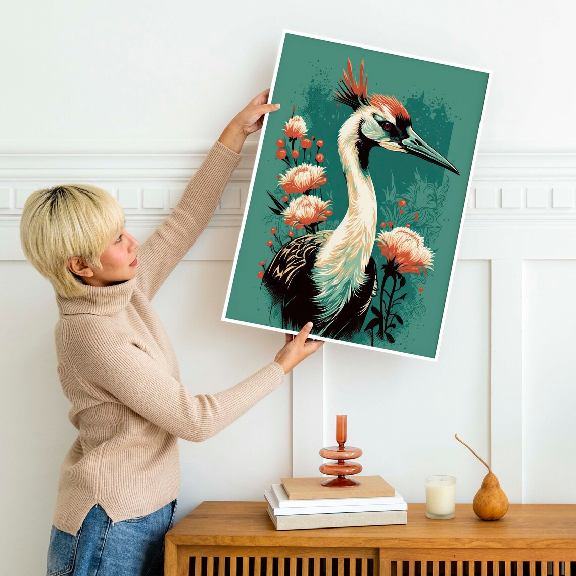 Japanese Crane Bird Portrait Art Print, Oriental Floral - Image 2