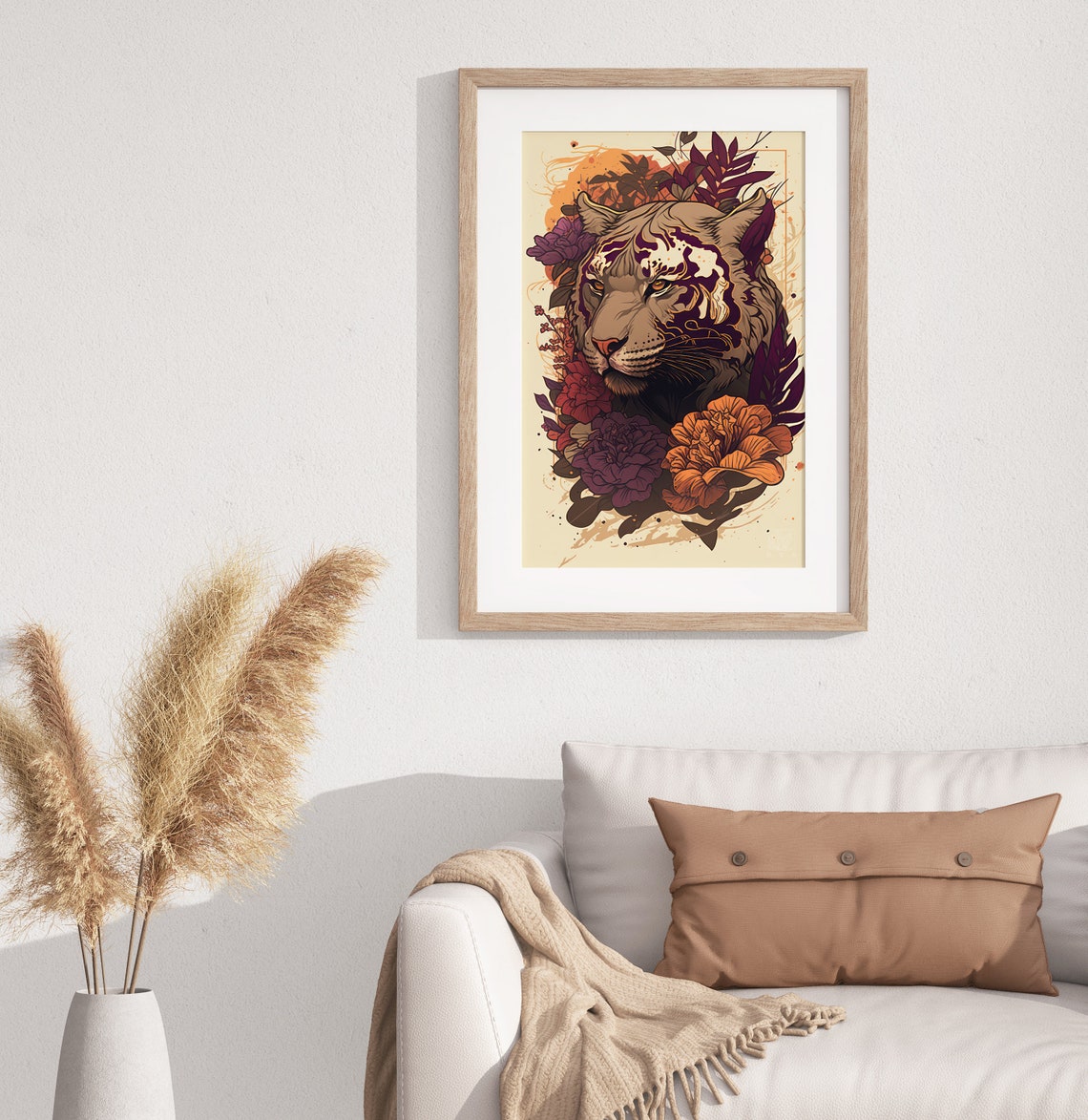 Tiger With Floral Blossoms Vintage Botanical Wildlife Poster