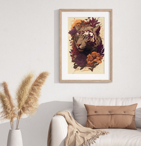Japanese Tiger Wall Art Tiger With Flowers Bengal Tiger Wall Decor Living Room Decor Contemporary Design Modern Wall Art Wildlife Art
