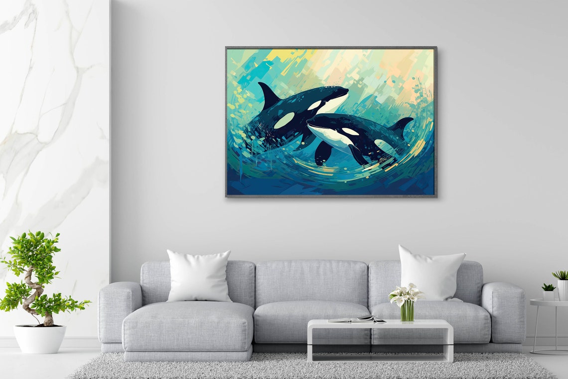 Two Orcas Swimming Teal Arctic Waters Ocean Scene Wildlife Poster - Image 2