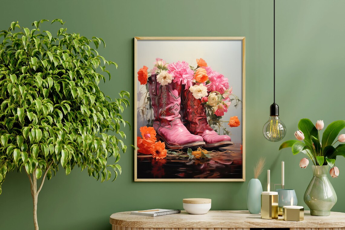 Pink Cowboy Boots Filled With Floral Bouquet Western Art Poster - Image 2