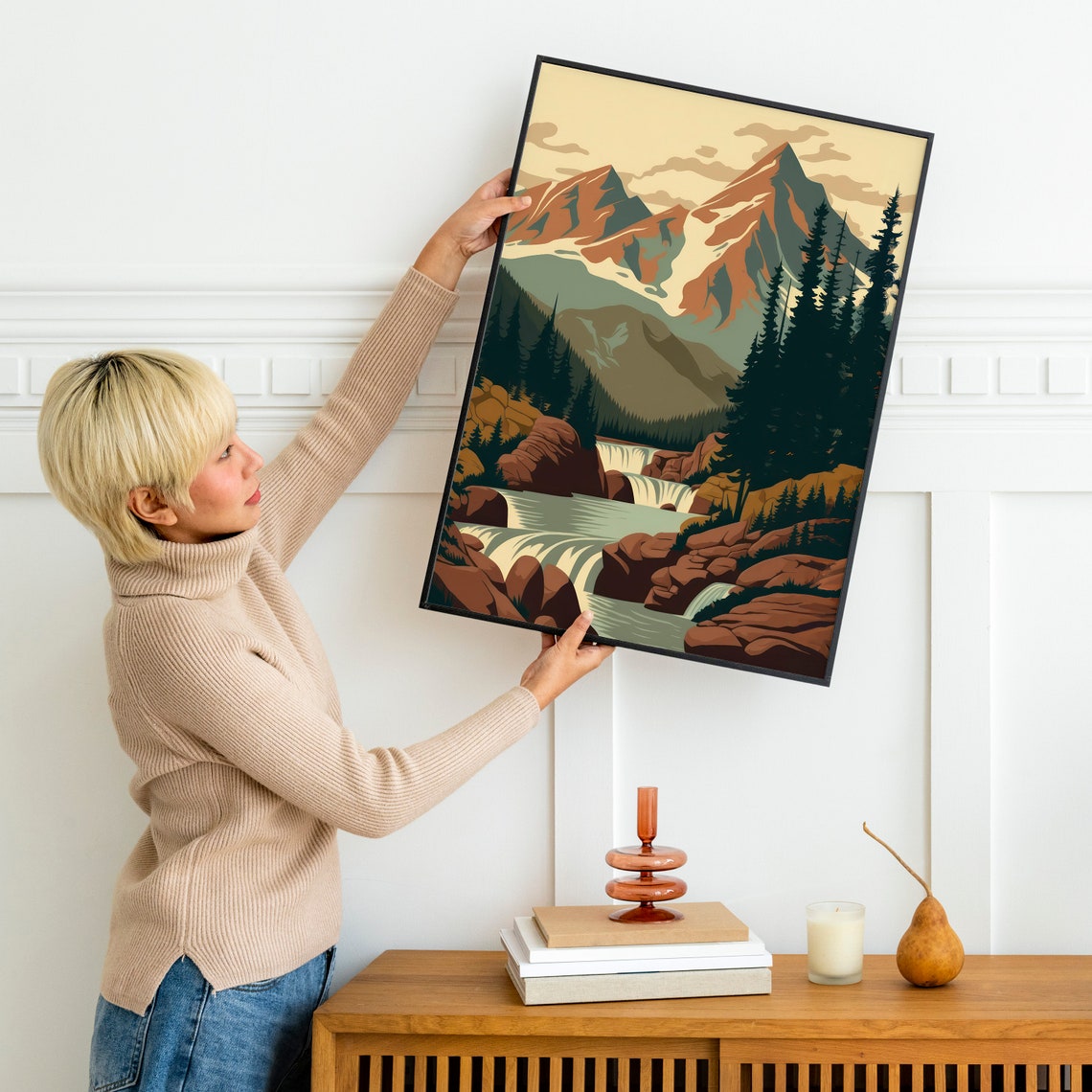 Mountain Waterfall Retro Cascading Falls Pines Vintage Scene Wall Art - Image 2