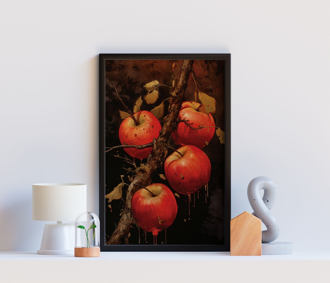 Dark Moody Red Apple Orchard Rustic Branch Harvest Painting Poster - Image 3