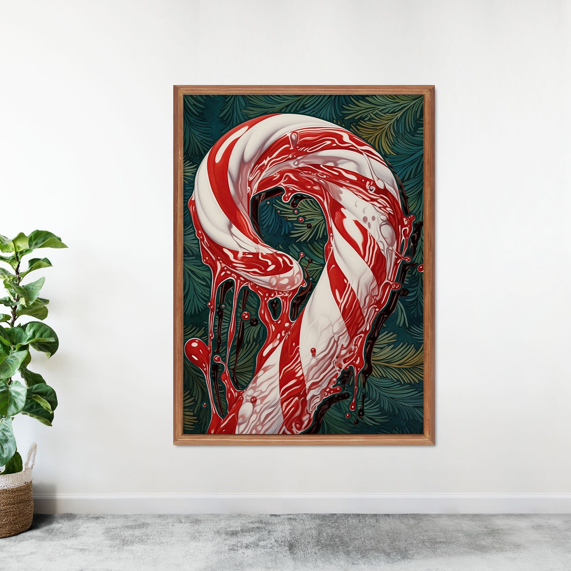 Melting Candy Cane Red Swirls Dark Teal Pine Modern Christmas Wall Art - Image 2