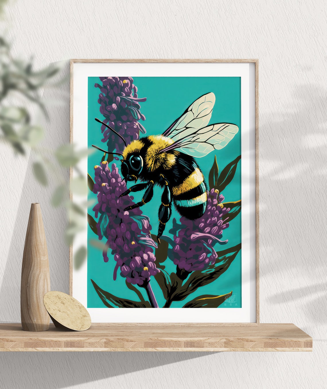 Bumblebee On Lavender Flower Spikes Teal Botanical Wildlife Poster - Image 3