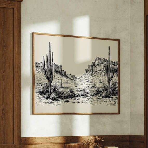 Desert Canyon Landscape With Tall Saguaros