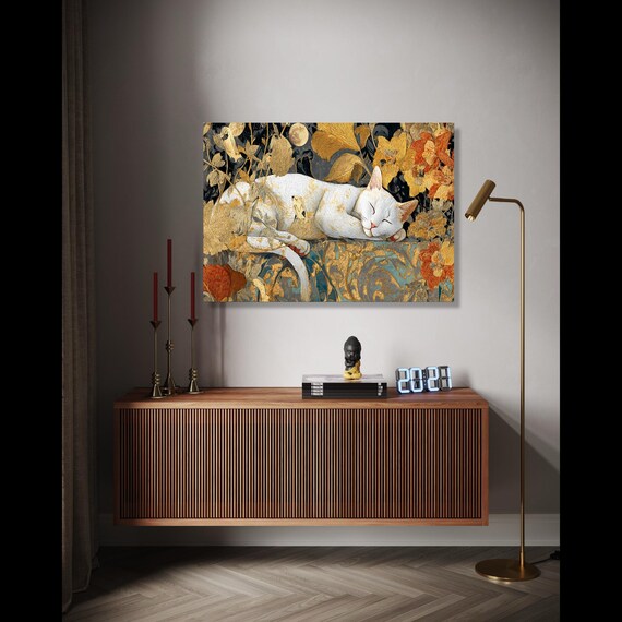 Sleeping White Cat On A Golden Floral Cushion Under Moonlight Art Poster