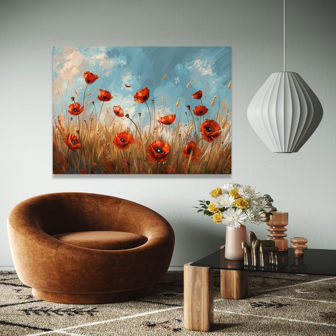 Red Poppies in Golden Wheat Field Under Blue Sky Painting Poster