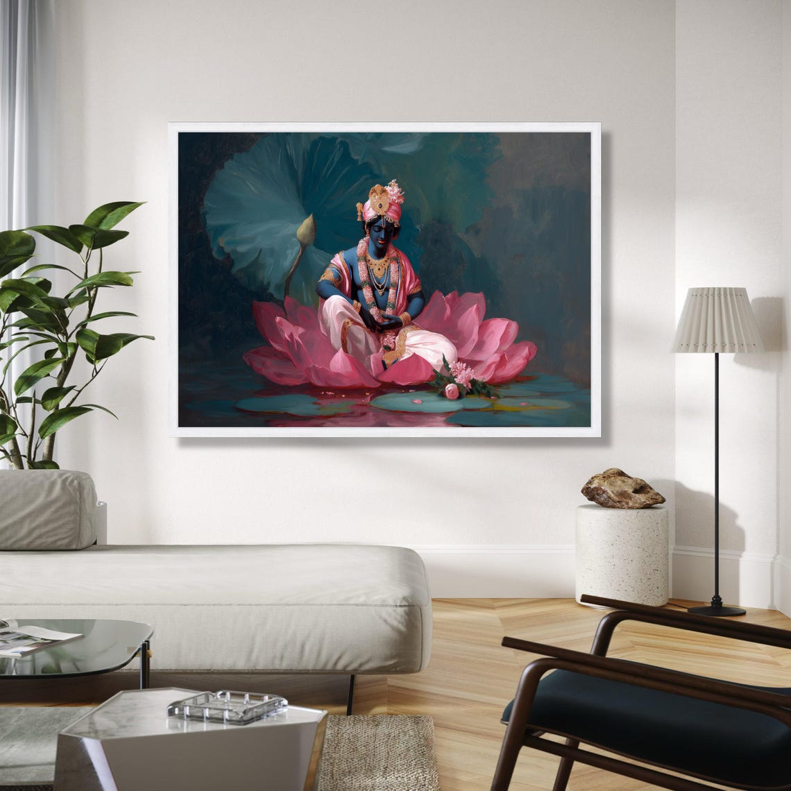 Lord Krishna Sitting On Pink Lotus Flower Teal Painting Poster