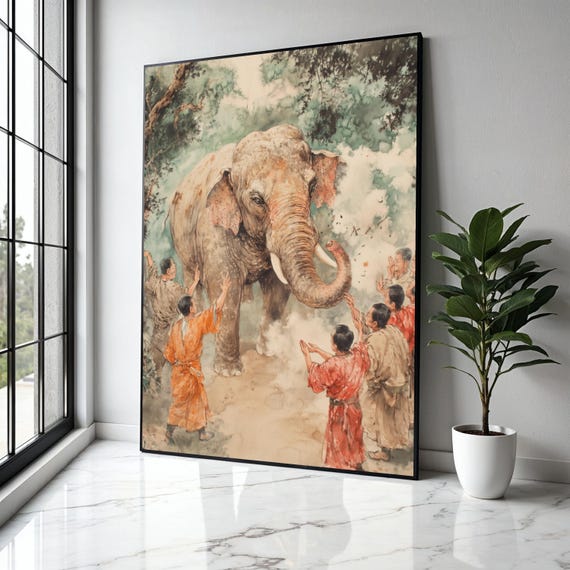 Gentle Elephant Encounter Canvas Traditional Asian Art Wildlife And People Scene Hand Painted Style Nature Gift Home Decor Print
