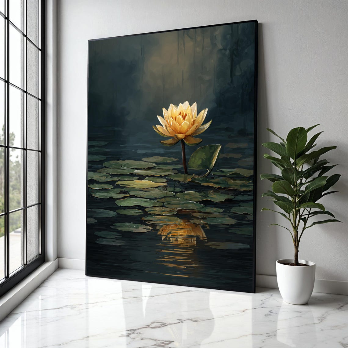 Golden Water Lily Glowing on Dark Pond Night Painting Art Poster