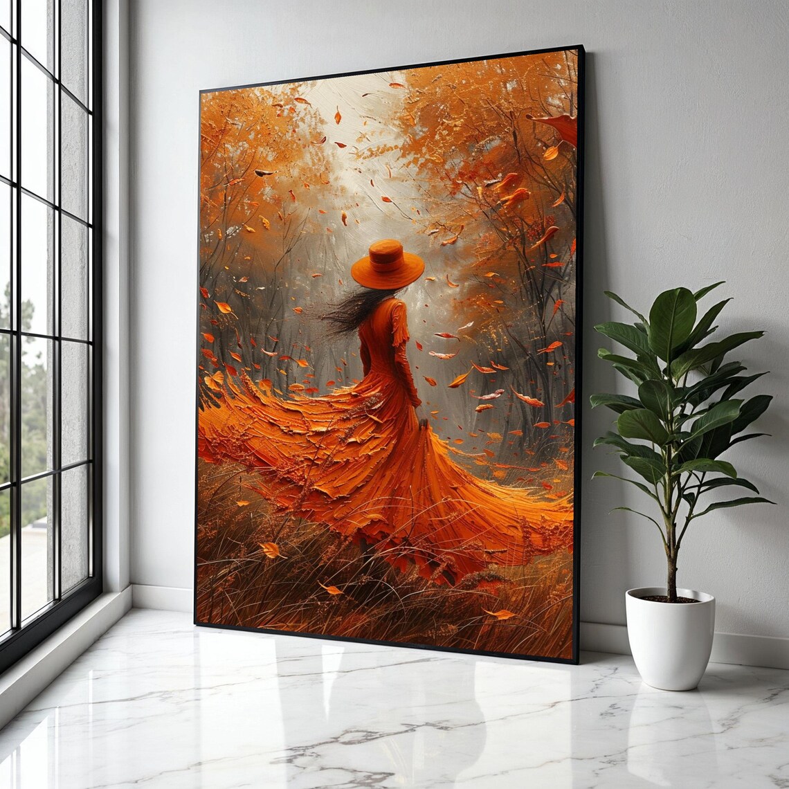 Woman In A Flowing Orange Dress Among Swirling Autumn Leaves Art Poster