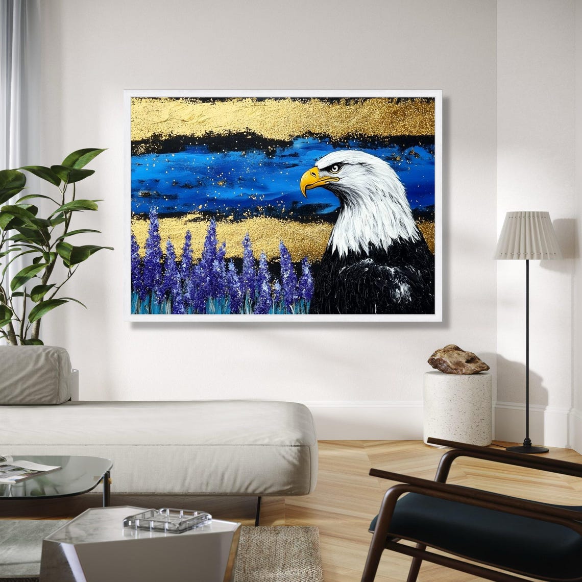 Majestic Bald Eagle Blue Gold Abstract Purple Flower Painting Poster