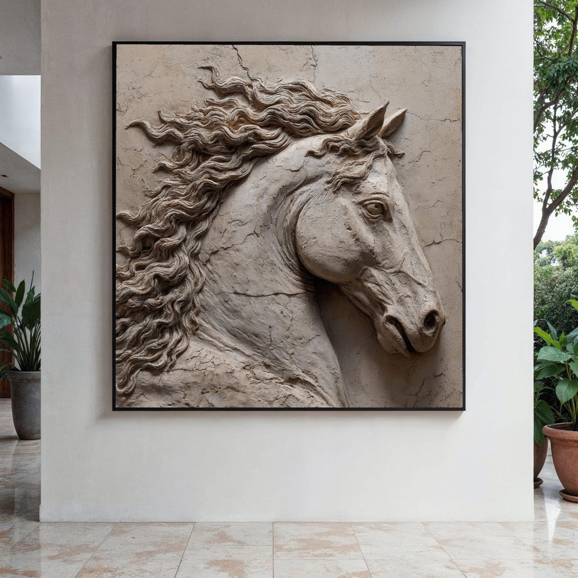 Horse Head Stone Relief Sculpture Cracked Beige Classical Poster