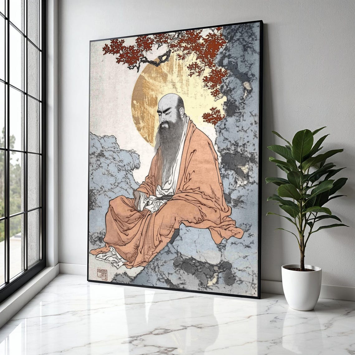 Bodhidharma Zen Master Ink Wash Painting Red Maple Moon Poster