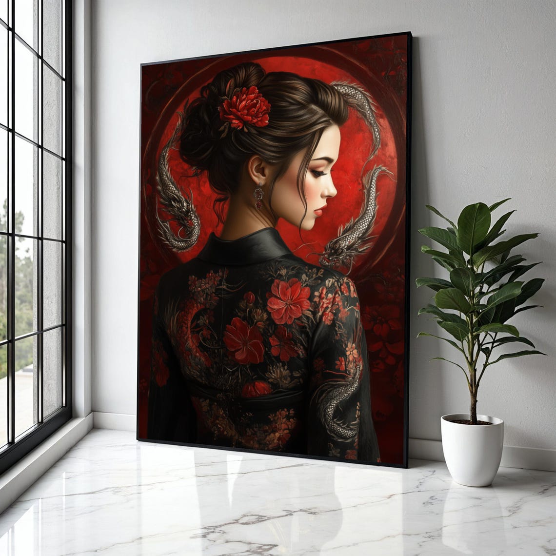 Geisha Profile Red Moon Dragon Floral Black Kimono Art Poster