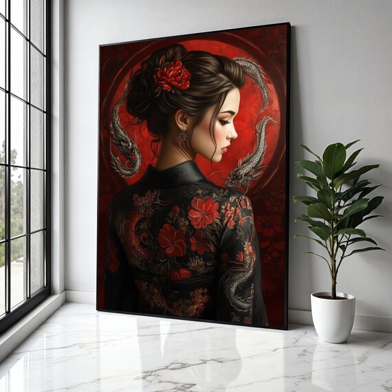 Elegant Asian Woman Portrait Canvas Red Floral Kimono Wall Art Traditional Japanese Style Dragon Design Gift Home Decor Print