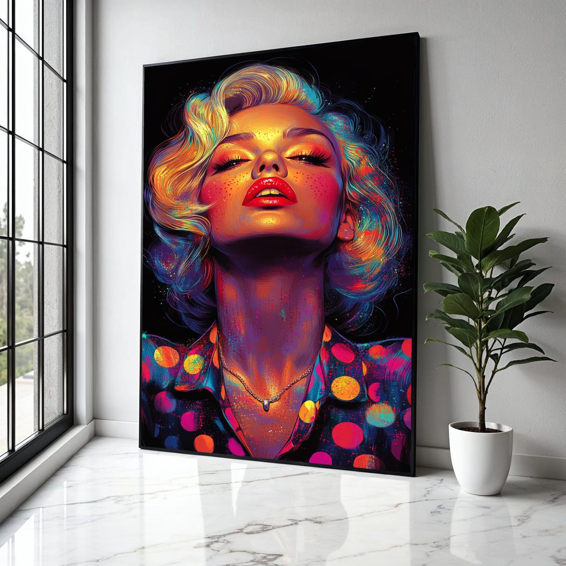 Neon Glam Woman Portrait Colorful Pop Face Dark Background Poster
