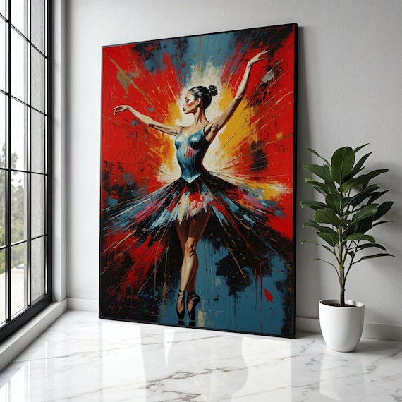 Colorful Ballerina Dancer Painting With Vibrant Red Paint Splash Poster