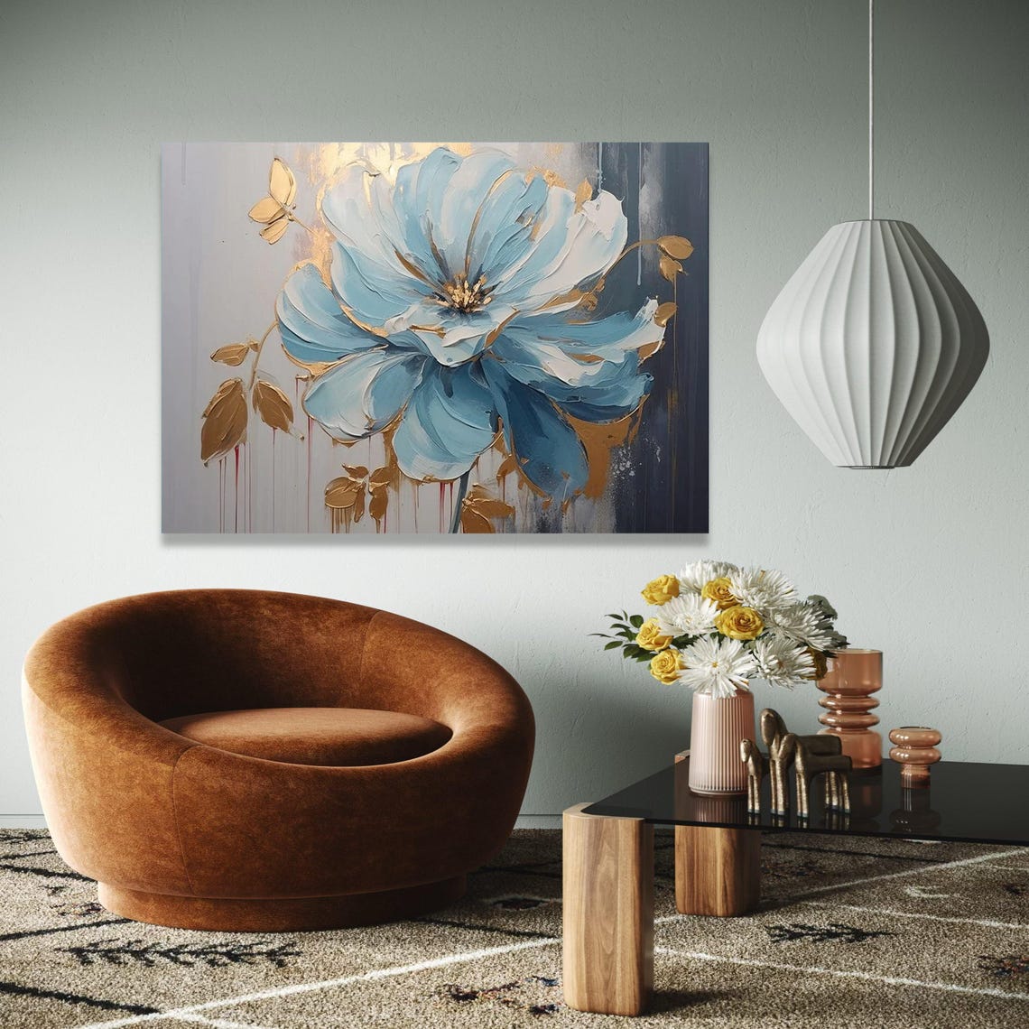 Blue Peony Gold Leaves Textured Floral Abstract Botanical Poster