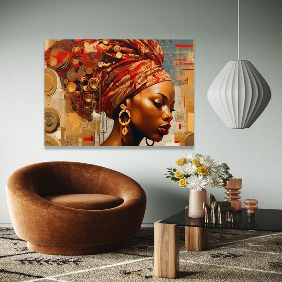 Elegant African Woman Portrait Canvas Ethnic Wall Art Modern Headwrap Design Cultural Decor Contemporary Gift Home Print