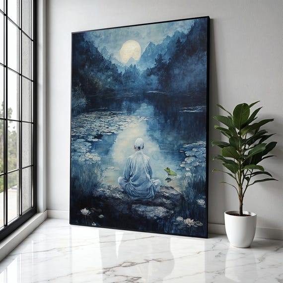 Serene Moonlit Meditation Tranquil River Canvas Zen Nature Wall Art Peaceful Landscape Reflective Gift Home Decor Print