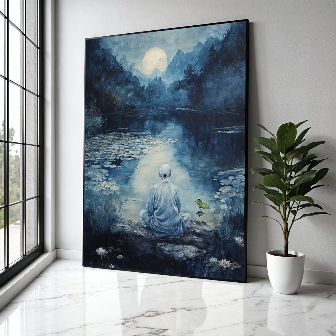 Moonlit Lake Meditation Serene Blue Watercolor Zen Buddha Nature Art Poster