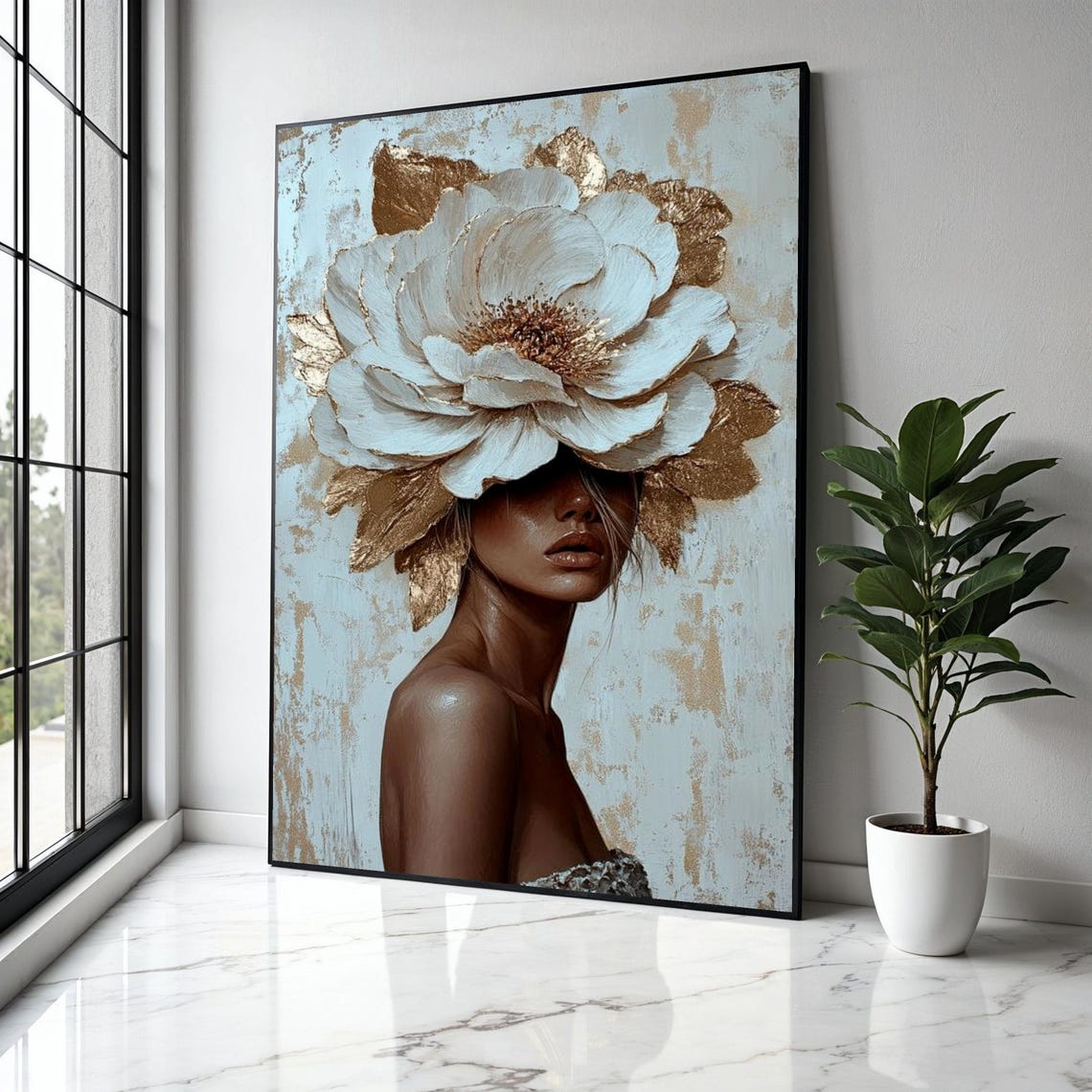 Giant White Gold Flower Face Woman Teal Botanical Elegant Poster