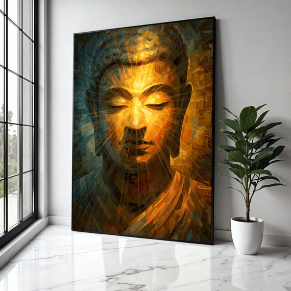Radiant Buddha Face Canvas Wall Art Spiritual Meditation Decor Abstract Golden Light Artwork Zen Home Gift Print