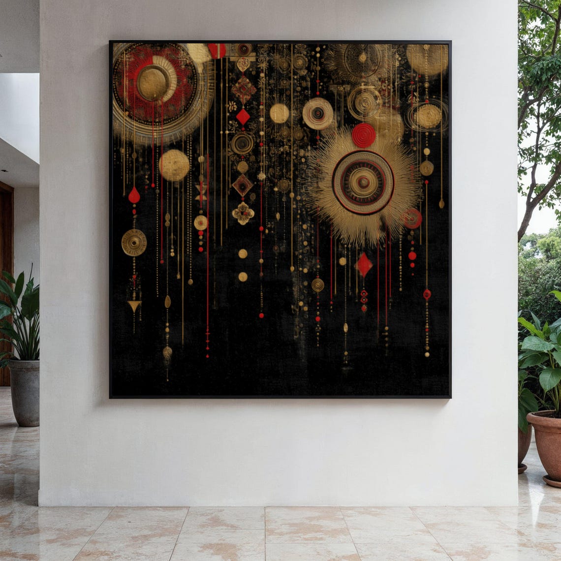 Gold Red Geometric Circles Black Hanging Ornaments Abstract Poster