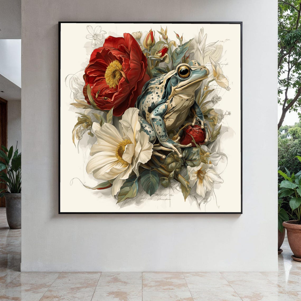 Detailed Blue Frog Red White Peony Flowers Vintage Botanical Poster