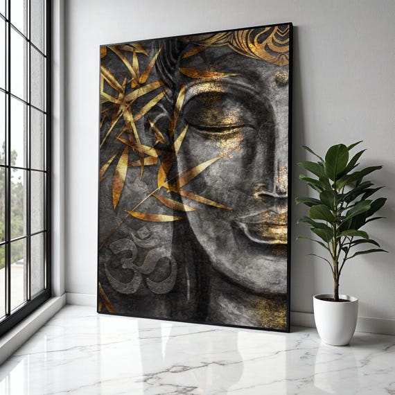 Golden Buddha Face Canvas Spiritual Wall Art Meditation Decor Zen Painting Asian Inspired Home Gift Print