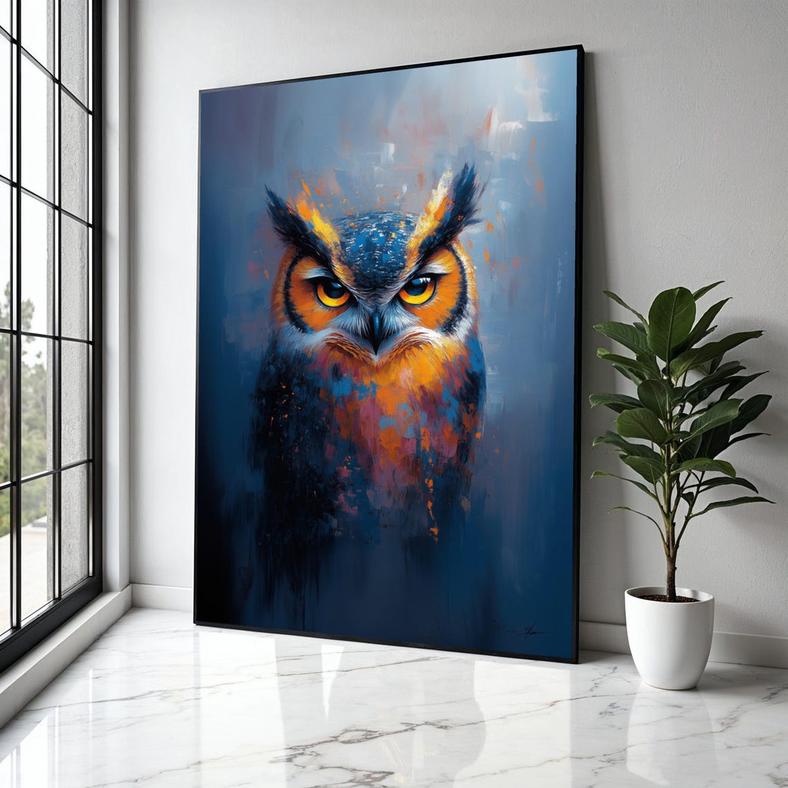 Fierce Great Horned Owl Blue Night Fire Accent Wildlife Poster