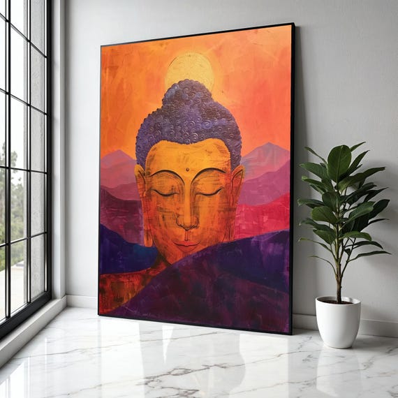 Serene Buddha Meditation Canvas Orange Purple Spiritual Wall Art Tranquil Zen Home Decor Abstract Mountain Gift Print