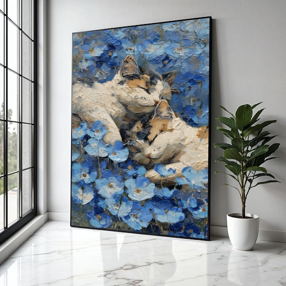 Two Sleeping Cats Blue Flowers Cozy Impasto Painting Art Poster
