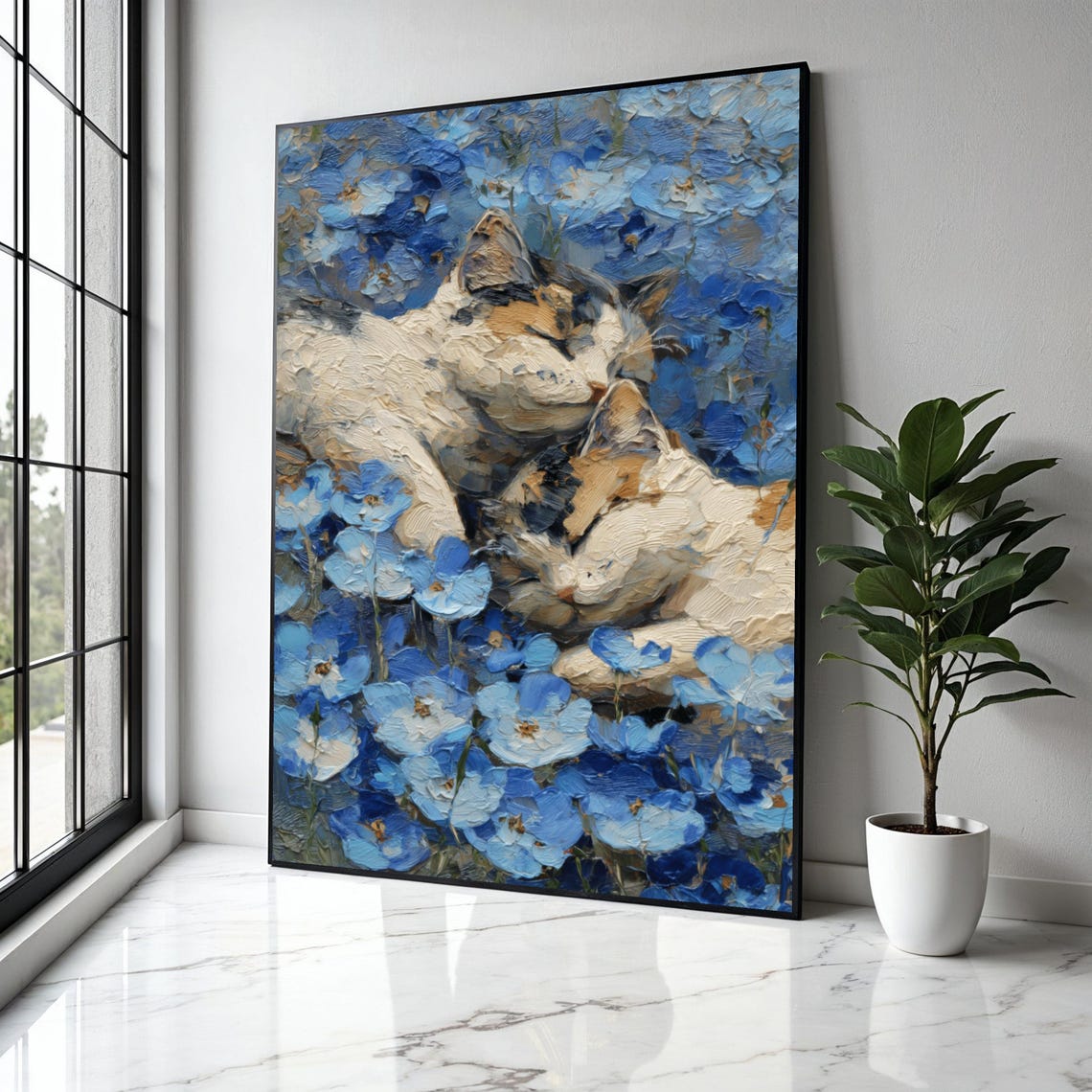 Two Sleeping Cats Blue Flowers Cozy Impasto Painting Art Poster