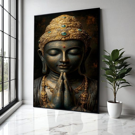 Serene Buddha Statue Canvas Wall Art Meditative Spiritual Decor Golden Crown Detail Zen Home Decoration Gift Print