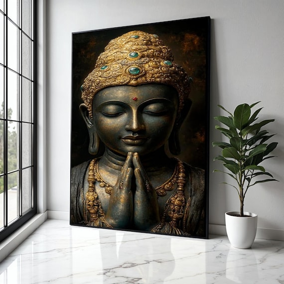 Serene Buddha With Prayer Hands Jeweled Gold Headdress Spiritual Statue Poster